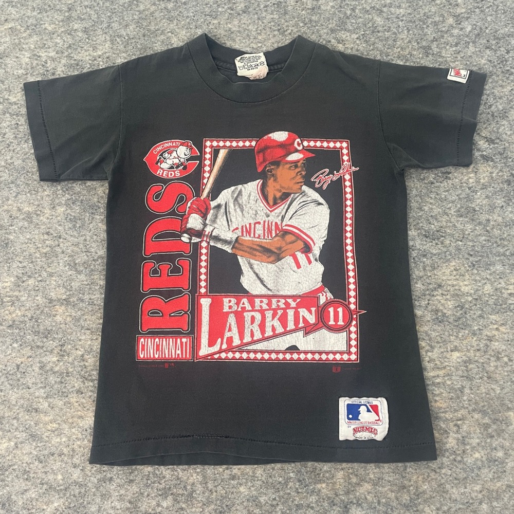 VTG Nutmeg Barry Larkin Cincinnati Reds T-Shirt Youth S Double Sided MLB 1990